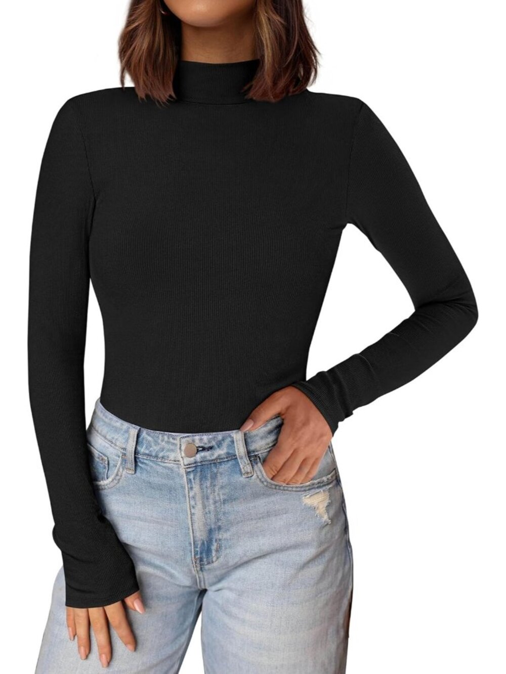 Women's Black Ribbed Knit Mock Turtleneck Long Sleeve Undershirts Slim Fit Top